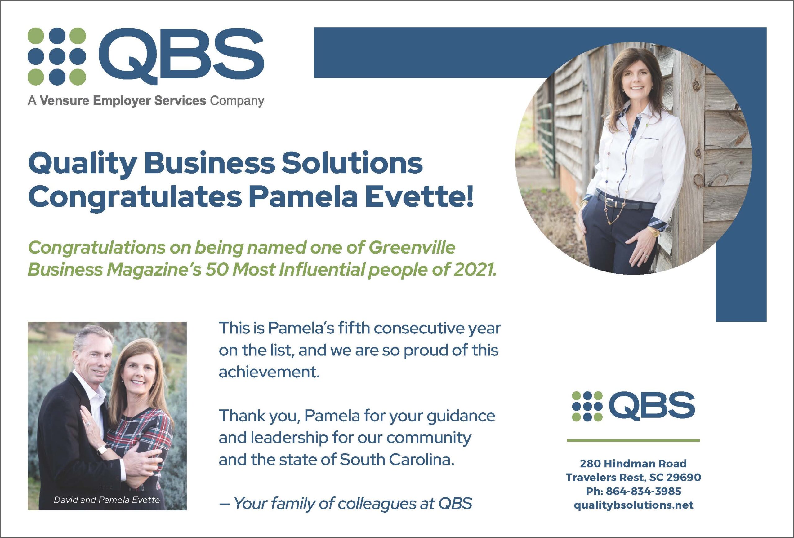 print ad recognizing Pamela Evette for being named to 50 Most Influential